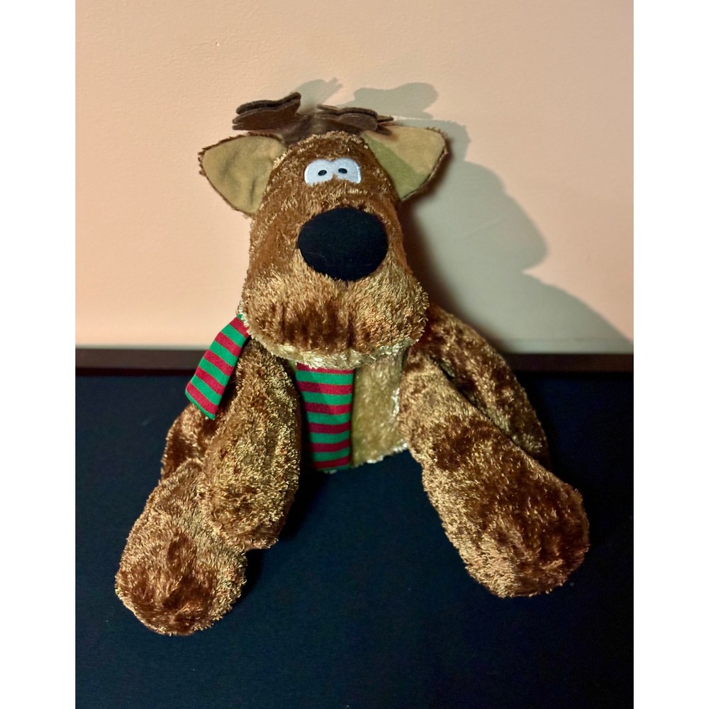 Hallmark Rodney Reindeer Plush Brown Shaggy Fur Red Green Striped Scarf Holiday